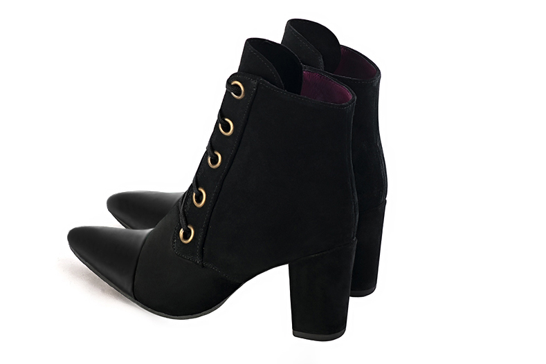 Satin black women's ankle boots with laces at the front. Tapered toe. High block heels. Rear view - Florence KOOIJMAN